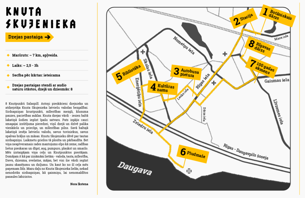 KNUTA SKUJENIEKA Dzejas pastaiga. Maršruts: ~7 km, aplveida. Laiks: ~2,5-3h. Dzejas pastaigas stendi ar audio saturu stāstos, dzejā un dziesmās: 8. Maršruts Salaspilī ved cauri Botāniskajam dārzam, Stacijai, Autobusa pieturai, Kultūras namam, Bibliotēkai, Pludmalei, 100 gades akmenim un Rīgavas dārzam, gar Daugavas krastu.