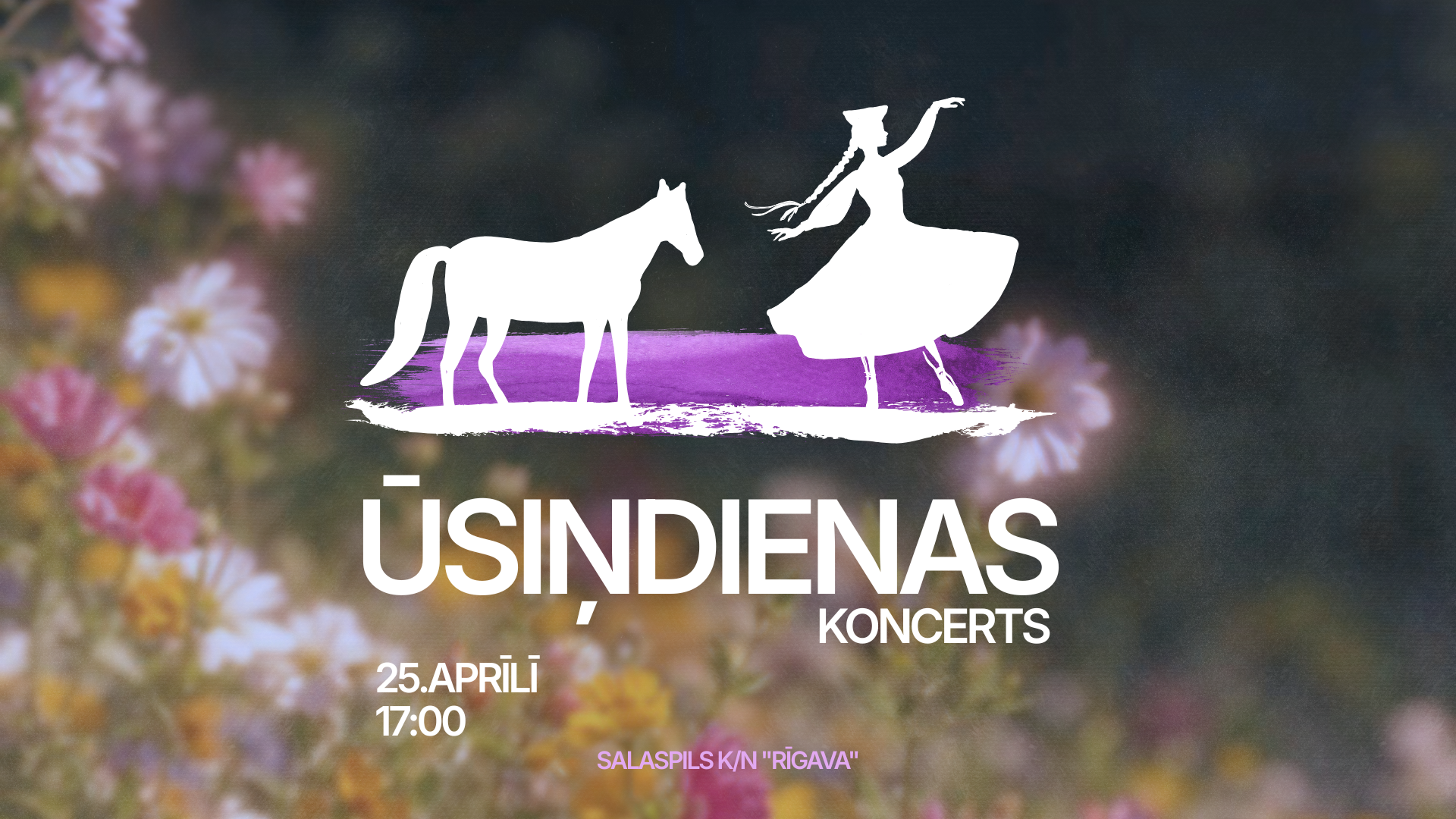 Plakāts ar baltiem zirga un dejotājas tautastērpā siluetiem uz purpura svītras fona, kas simbolizē Ūsiņdienas svinības. Teksts: ŪSĪNDIENAS KONCERTS, 25. APRĪLĪ 17:00, SALASPILS K/N "RĪGAVA".
