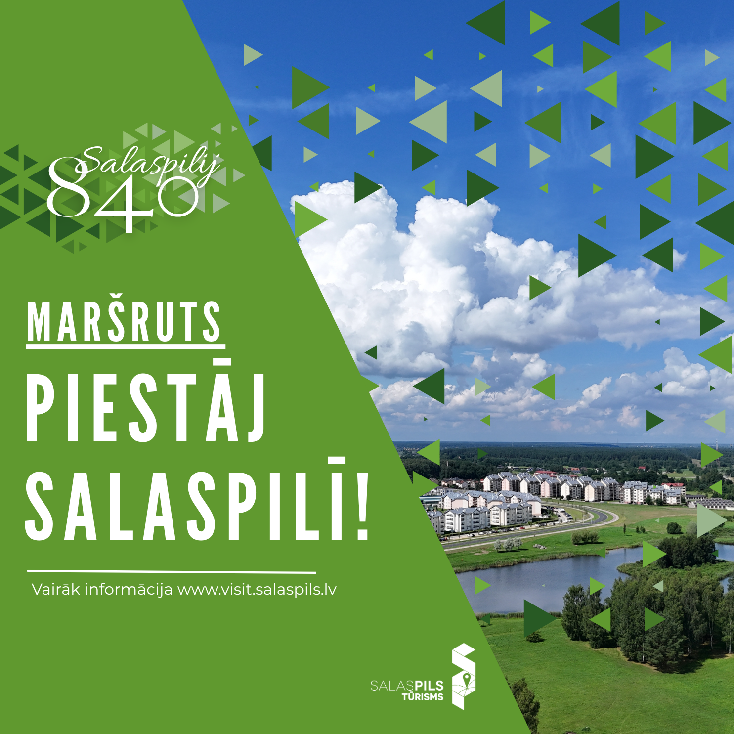 Panorāmas skats uz modernu Salaspils pilsētas ainavu ar dzīvojamo apbūvi, ūdenskrātuvi un kokiem. MARŠRUTS PIESTĀJ SALASPILĪ! Salaspilij 840.